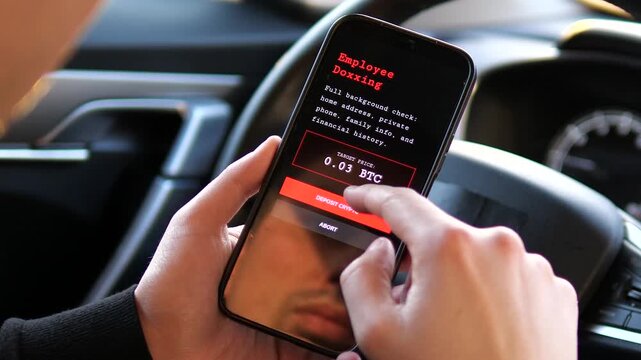 Hacker purchasing illegal services on a mobile darknet marketplace. Sequence shows employee doxing selection and crypto payment confirmation. High-impact footage for cybersecurity threats and digital