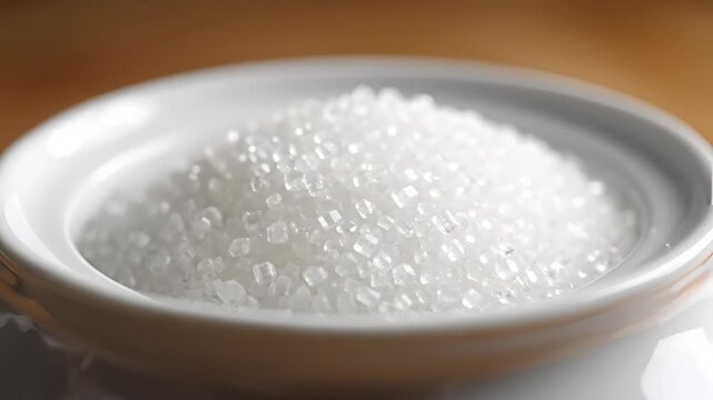 Closeup of a white ceramic sugar bowl filled with granulated sugar.