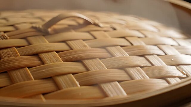Closeup of a woven bamboo steamer lid with steam rising.