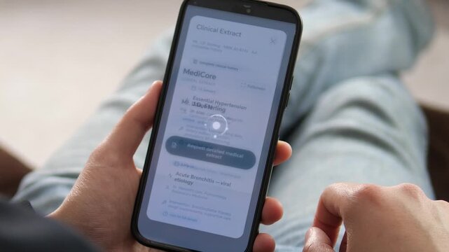 Access your medical history instantly. Patient using a modern healthcare app to request and view a clinical extract. High-quality UI showcasing digital health records for lifestyle and tech projects.