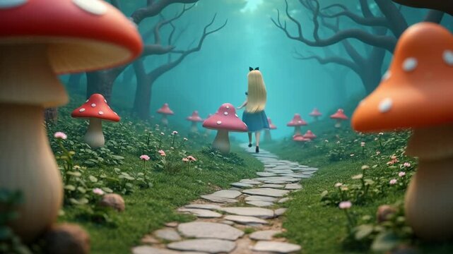 Cute blonde girl Alice in blue dress walking through an enchanted mushroom forest, whimsical fantasy scene, giant red toadstools, magical woods, dreamy atmosphere, fairy tale style, cinematic lighting