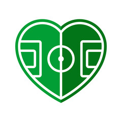I love soccer. Logo con vista aérea de un campo de fútbol con forma de corazón de color verde, con las líneas reglamentarias en color blanco © teracreonte