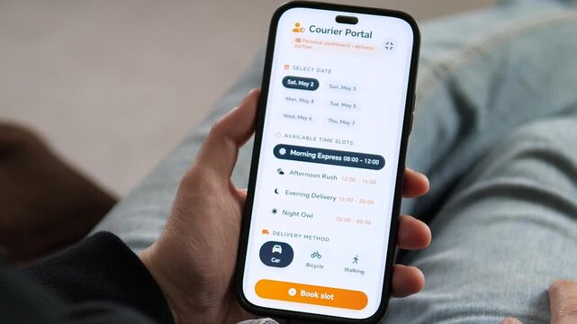 Courier partner booking a delivery shift on a professional mobile app. Features shifts like Morning Express and transport methods. Perfect for gig economy, logistics tech, and modern freelance work