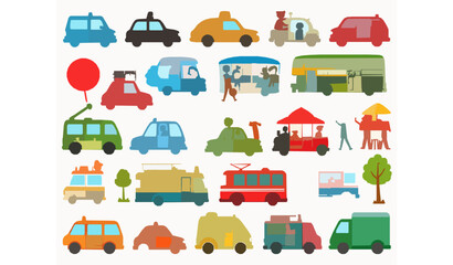 Naklejka premium Bright Cartoon Transport Icons Set with Cute Cars Buses and Emergency Vehicles