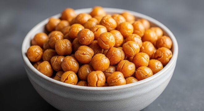 Close up of a bowl filled with golden brown roasted chickpeas a healthy and crunchy snack