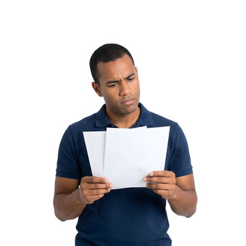 Confused man looking at blank papers isolated on transparent background