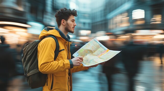 Tourist holding paper map is choosing right direction in a modern city with blurred people walking on the street, representing decision making, travel and tourism industry