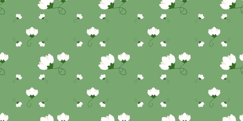 Seamless pattern of white floral motifs on a sage green background. Minimalist botanical nature print suitable for textiles, home decor, wallpaper, and creative projects. © Dunzz