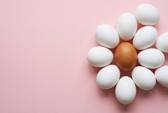 One brown egg standing out among white eggs on a pastel pink background. Represents uniqueness, diversity, and being different.