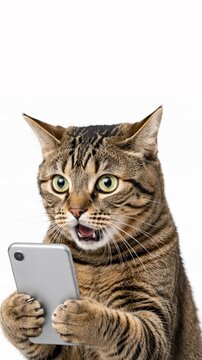 Surprised reaction tabby cat with smartphone, vertical video