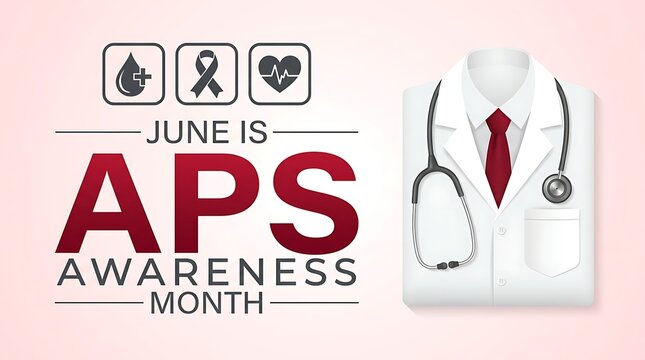 June is aps awareness month medical uniform with stethoscope and red tie icons representing blood ribbon and heartbeat for awareness.