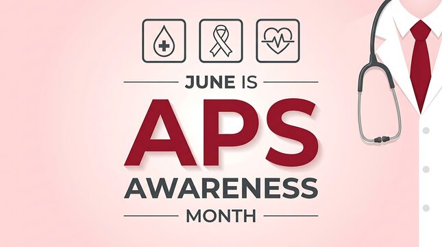 June is aps awareness month medical uniform with stethoscope and red tie icons for blood ribbon and heartbeat promoting health awareness.