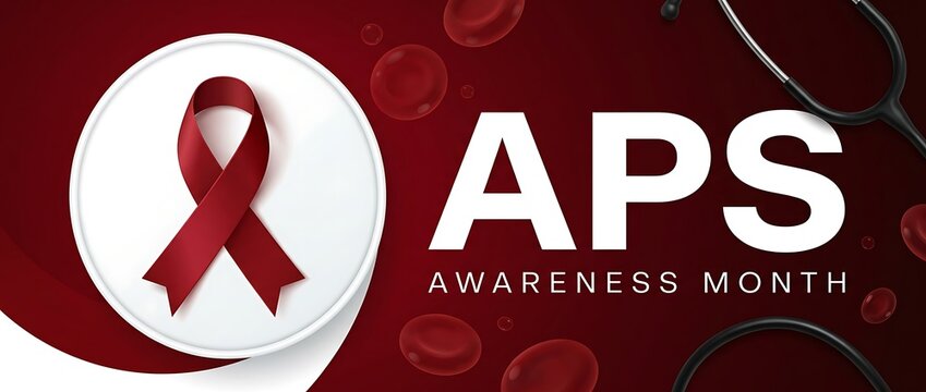Antiphospholipid syndrome awareness month with red ribbon symbol and blood cells illustration.