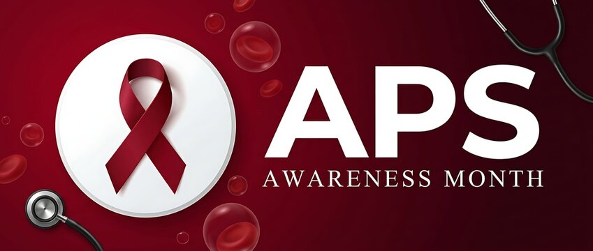 Antiphospholipid syndrome awareness month with red ribbon symbol and blood cells illustration.