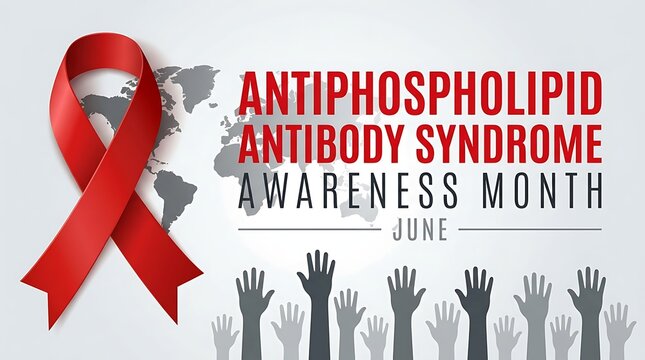 Antiphospholipid antibody syndrome awareness month june red ribbon global map hands raised in support of APS patients medical health.