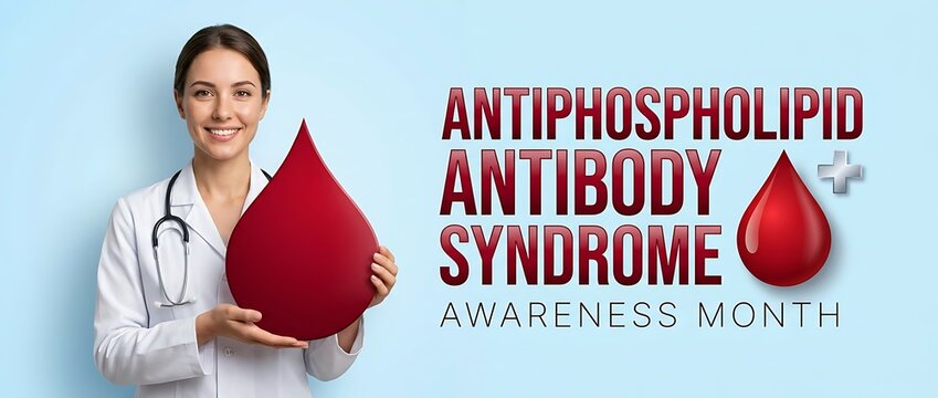 Antiphospholipid antibody syndrome awareness month june doctor holding blood drop plus sign doctor with stethoscope medical health.