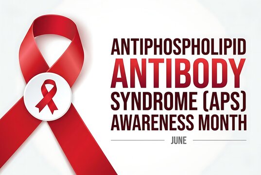 Antiphospholipid antibody syndrome aps awareness month in june with red ribbon and white circle with ribbon symbol.