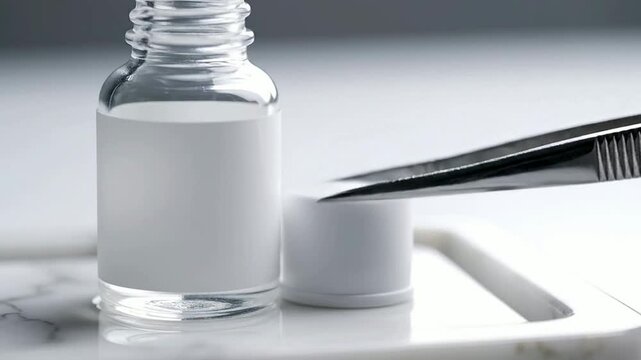 Customizable Glass Vial With Blank Label And Tweezers On A Clean White Background For Beauty And Pharmaceutical Products