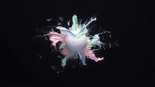 Exploding Pastel Volleyball with Vibrant Splatter Effects on Black Background