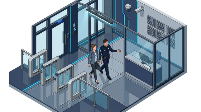 A security guard is escorting an individual through a reception area in a modern office setting during business hours.