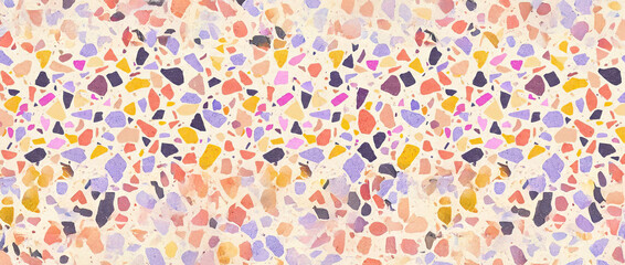 Fototapeta premium Colorful terrazzo pattern with scattered fragments in pink, purple, yellow, and orange, abstract decorative background, modern artistic texture, vibrant mosaic design.