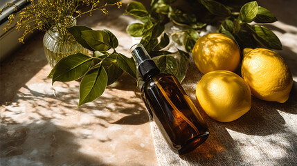 Obraz premium Natural herbal spray bottle, fresh lemon