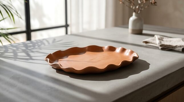 Empty wavy ceramic display tray in an organic blob silhouette with matte terracotta color texture set on a modern micro-cement surface with abstract architectural shadows