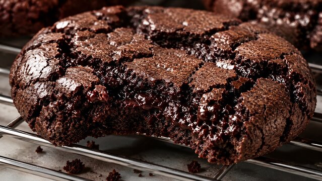 Macro view of a chewy chocolate brownie cookie texture with cracks