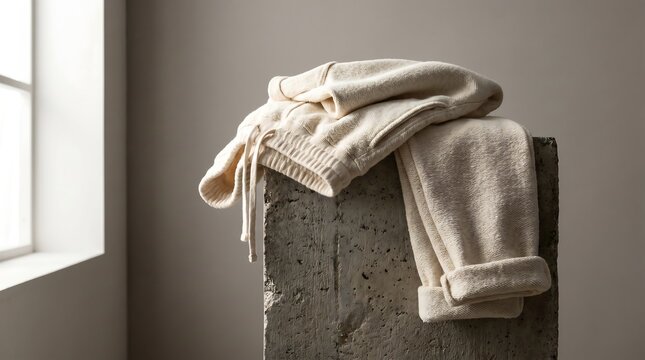 Unbranded minimalist cream-colored luxury sweatpants artfully draped over a rough brutalist stone block with soft natural side-lighting highlighting the heavy loopback cotton weave texture