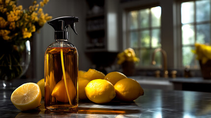 Fototapeta premium Kitchen, glass spray bottle filled with amber liquid and fresh lemon