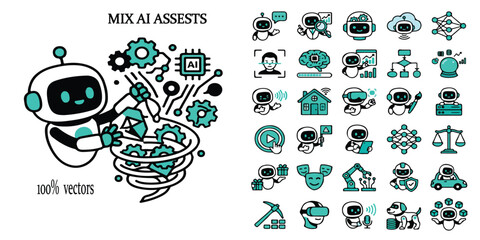 Artificial Intelligence Robot Icon Set, 25 Mix AI Assets Vector Collection, Modern Teal and Black Chatbot Character Illustrations for Tech UI © Template 