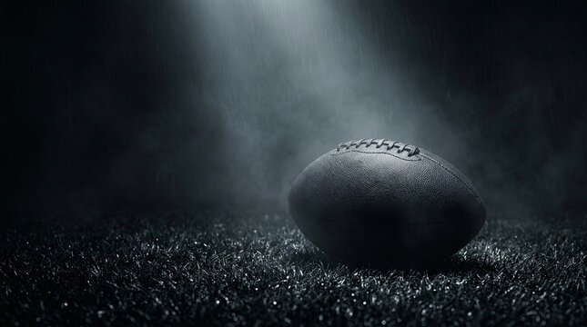 American Football Under Stadium Spotlight on Dark Sports Field