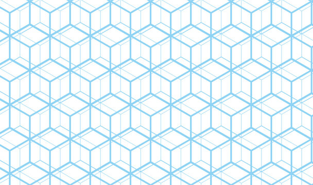 Abstract Blue Geometric Cube Pattern Background. Minimalist Isometric Hexagon Line Grid Texture Vector Seamless Wallpaper with Outline Box Shapes 