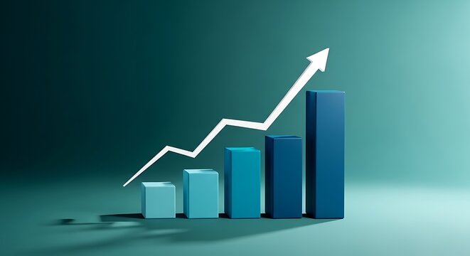 3 D bar chart with white arrow showing upward trend on teal background graph growth
