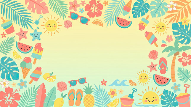 Colorful summer border with tropical leaves, watermelon slices, ice cream, flip-flops, starfish, and sun icons, perfect for summer, vacation, and holiday designs.