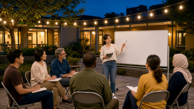 outdoor, evening, language, class, community, center, courtyard, adult, education, connectioneering
