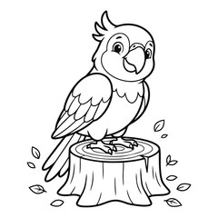 Fototapeta premium Cockatoo Bird Perched on Wooden Stump with Falling Seeds in Minimalist Line Art Style
