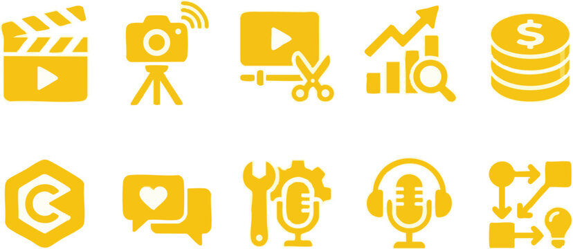 Collection of various social media and video production icons in yellow color
