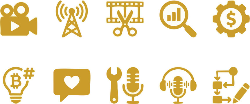 Collection of various social media and technology icons in gold color on white