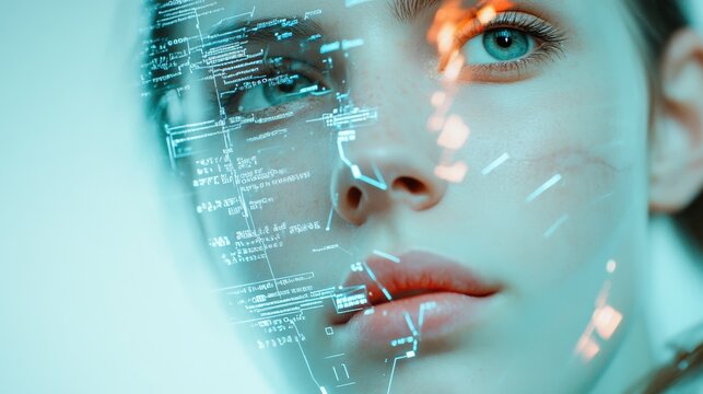 Lines of code and data analysis overlaying a woman's face illustrate the complex decision making involved in choosing a career path, reflecting choice, direction, and fobo