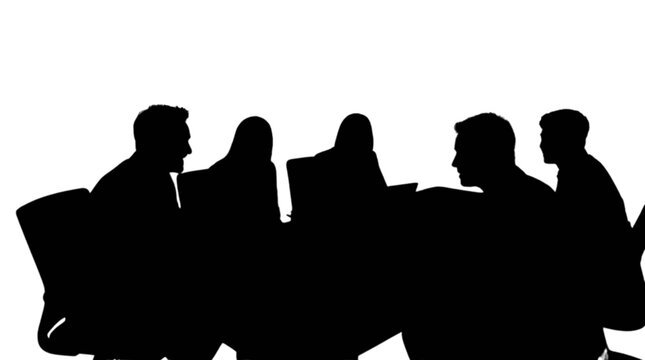 Silhouette of business team meeting around table isolated on transparent background, Vector