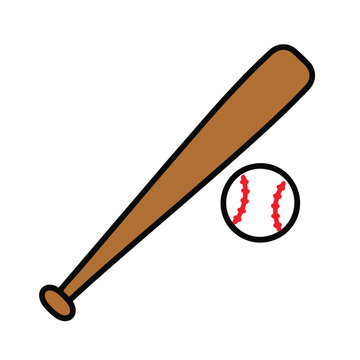 Illustration of a baseball bat and a white baseball with red stitching.