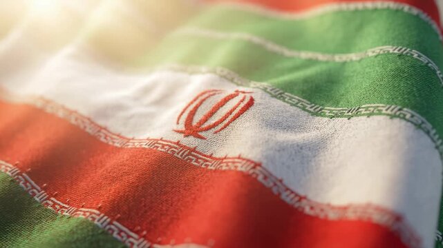 Iranian flag close-up. Green stripe top. Red emblem centered. White stripe middle. Persian script borders. Soft fabric texture. Ideal for cultural stories. Use in news segments