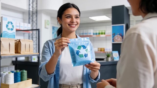Woman holds a blue recycling bag. She smiles warmly. Shelves with eco-friendly items surround her. Customer faces her. This moment shows sustainable shopping. Ideal for environmental advertisements