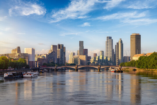 Golden sunrise view of the London skyline with Lambeth Bridge, River Thames and the skyscrapers at Nine Elms