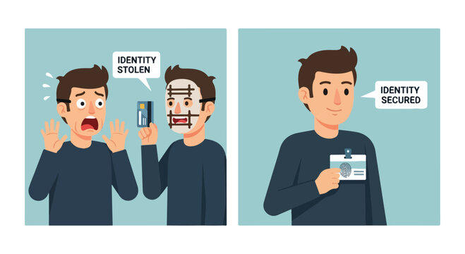 A two-panel flat vector illustration contrasting a panicked man whose credit card is stolen by a masked hacker with a confident man holding a secured biometric identification badge.