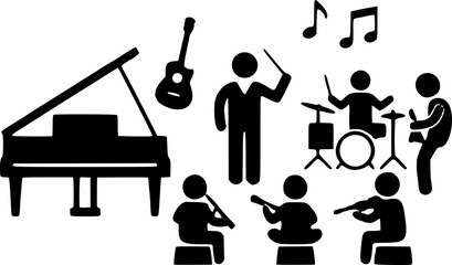 A black and white illustration of a music band playing various instruments including piano, guitar, violin, drums, and sheet music, with musicians performing together in harmony. © Sarfaraz