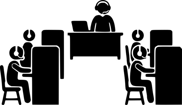Black silhouette graphic illustration of a manager and team working at cubicles in an office environment with computers.