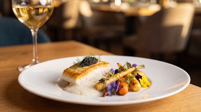 Gourmet Pan-Seared Fish with White Wine and Edible Flowers