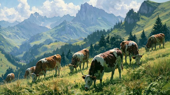 Contented cows graze peacefully in the lush Alps.